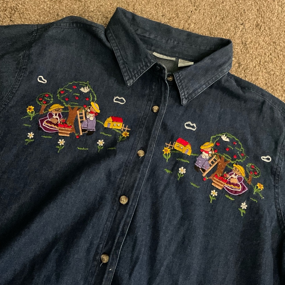 Vintage Embroidered Fall Button Down Denim Shirt XL Petite